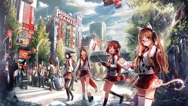 Anime Girls Going To School Wallpaper