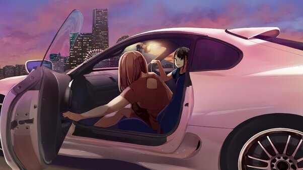 Anime Girls Sitting In Car 4k Wallpaper