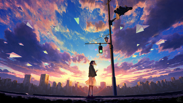 Anime Original Girl Traffic Light 4k Wallpaper