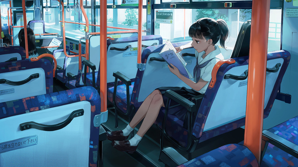 Anime School Girl Bus Reading Book 5k Wallpaper