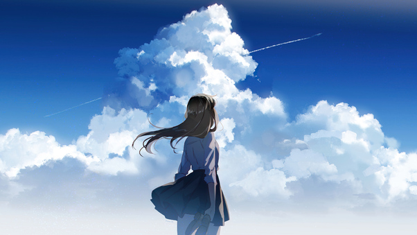 Anime School Girl Watching Clear Sky Wallpaper