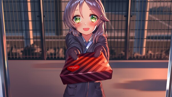Anime School Girl With Gift Wallpaper