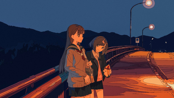 Anime School Girls Sidewalks Evning Chatting Wallpaper