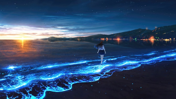 Anime Schoolgirl Walking Barefoot By The Seaside Wallpaper