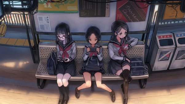 Anime Schoool Girls On Phones Waiting For Bus 4k Wallpaper