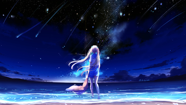 Animegirl Night Sea Stars Fantasy Wallpaper