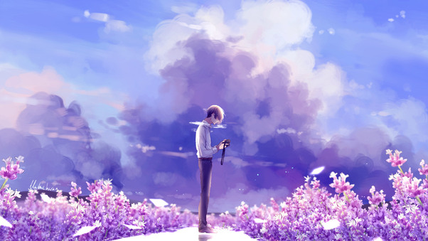 Animeguy Animemanga Clouds Digital Flowers Illustration Lavender Wallpaper