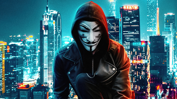 Anonymus Mask Boy Rooftop Buildings 5k Wallpaper