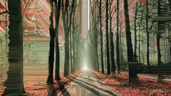 Artistic Glitch Trees Road Wallpaper