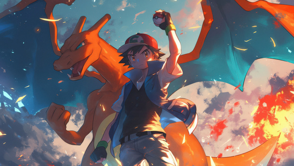 Ash And Charizard (2560x1024) Resolution Wallpaper
