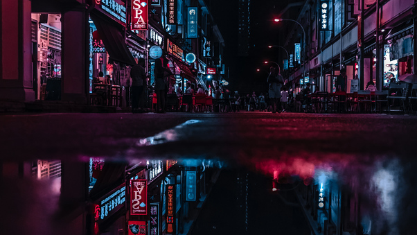 Asia Neon City Lights Reflections Wallpaper