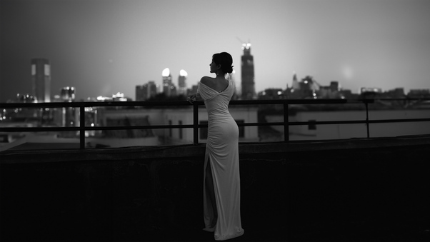 Asian Girl In Classy White Dress Standing Monochrome 5k Wallpaper
