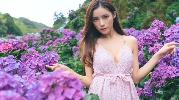 Asian Girl In Purple Flower Field Wallpaper