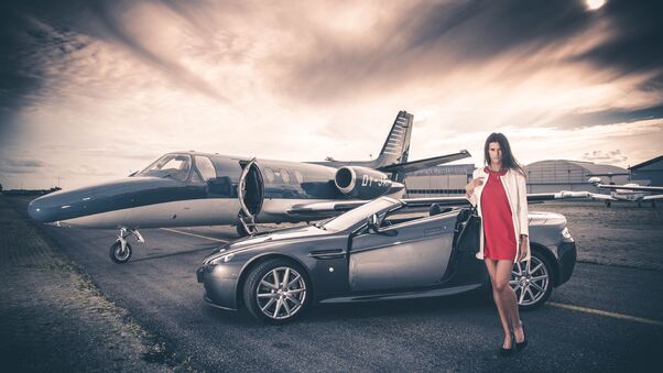 Aston Martin And Jet Model Photoshoot Wallpaper
