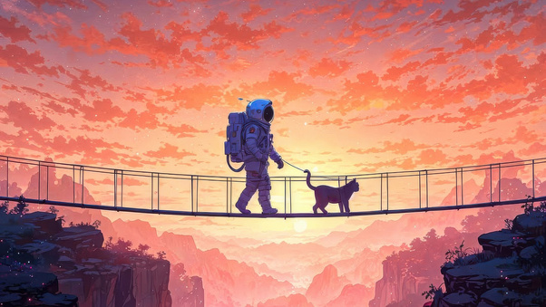 Astronaut And Cat Walking Among The Clouds (2560x1440) Resolution Wallpaper