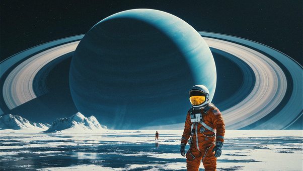 Astronaut On Icy Planet With Saturn (1336x768) Resolution Wallpaper