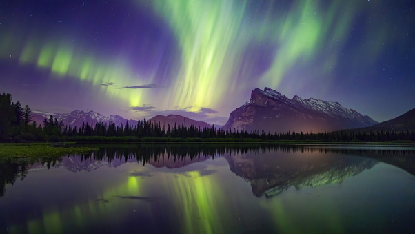 Aurora Borealis Mountains Lake Reflection Banff National Park Wallpaper
