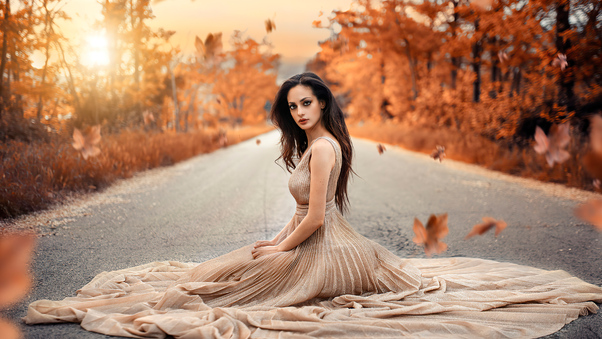 Autumn Road Girl Sitting Gown Dress Wallpaper