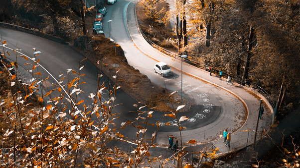 Autumn Road Orange Leaves Fallen Cars Peoples Walking 5k Wallpaper