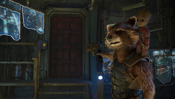 Baby Groot And Rocket Raccoon In Guardians of the Galaxy Vol 2 Wallpaper