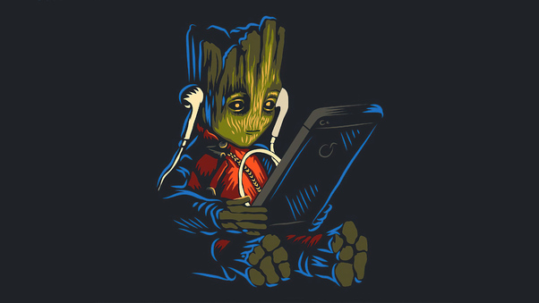 Baby Groot Listening To Music While Using Phone Wallpaper
