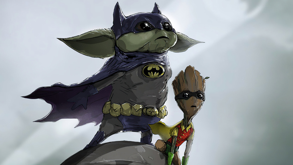 Baby Groot Yoda As Batman And Robin 4k Wallpaper