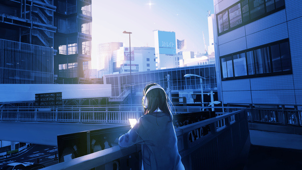 Balcony Traffic Lights Anime Girl Long Hair 5k Wallpaper
