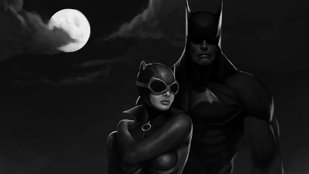Batman And Catgirl Monochrome 4k Wallpaper