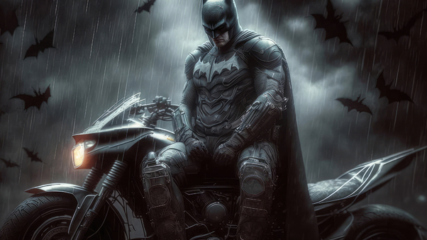 Batman With Batcycle In Rain Wallpaper