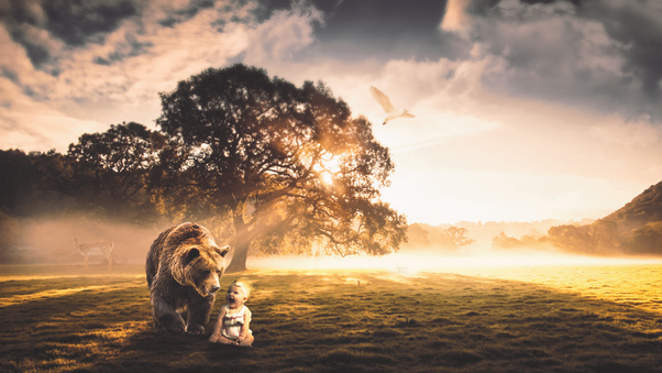 Bear With Child Fantasy Manipulation Wallpaper