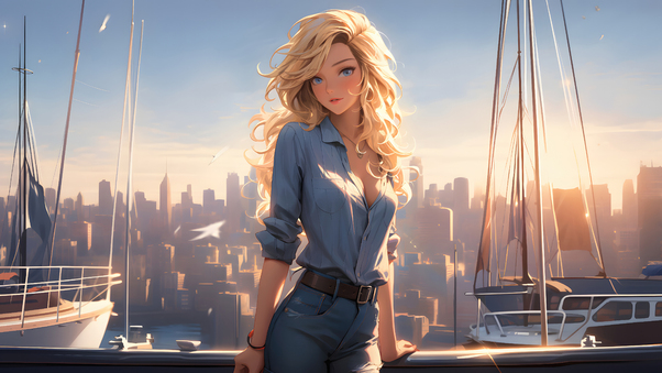 Beautiful Anime Girl Around Boats At Side Pier Wallpaper