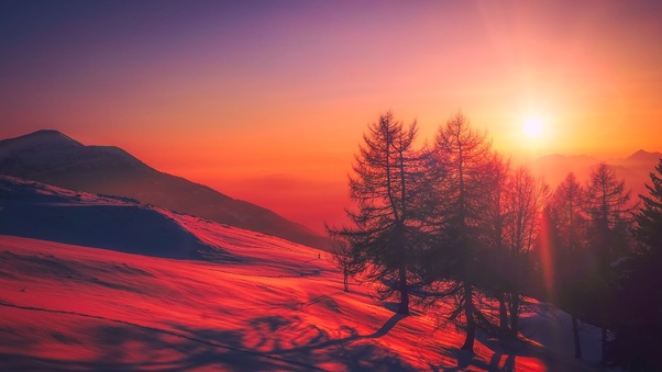 Beautiful Red Tone Sunrise Snow Trees Wallpaper
