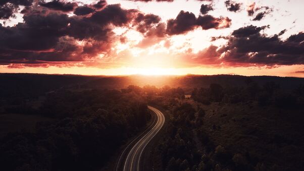 Beautiful Road Path Sun Setting Drone View 4k Wallpaper