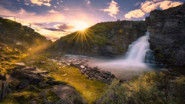 Beautiful Waterfall And Sunrise Wallpaper