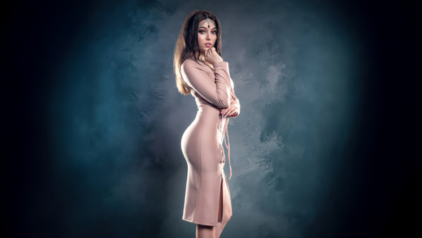 Beautiful Woman In Rose Tone Dress (3440x1440) Resolution Wallpaper