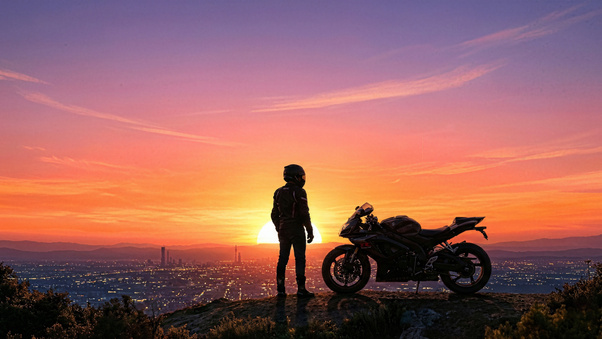 Biker At Sunset Overlook (3000x2000) Resolution Wallpaper