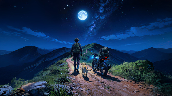 Biker Boy With Dog On Mountains Walking (3000x2000) Resolution Wallpaper