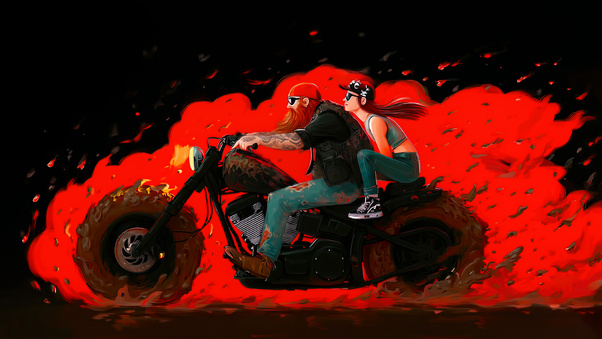 Biker Couple On Flaming Chopper (3000x2000) Resolution Wallpaper