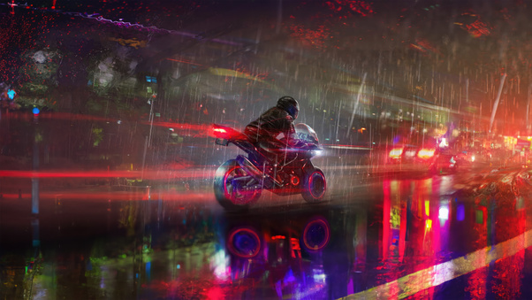 Biker In Rain 5k Wallpaper