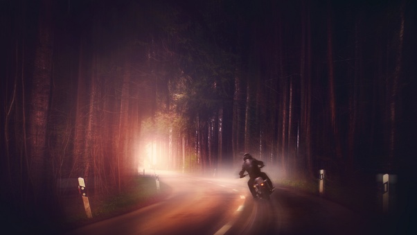 Biker In Woods Dark Road Digital Art Wallpaper