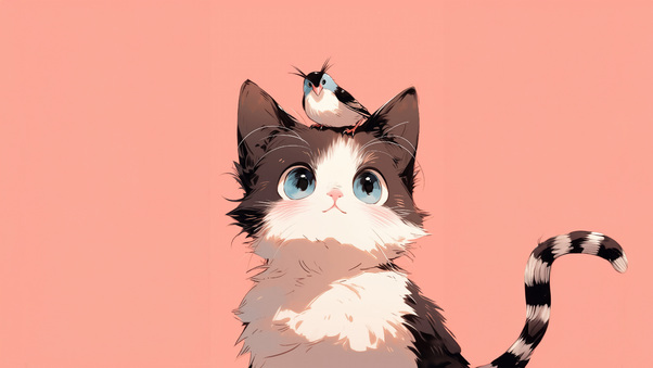 Bird Sitting On Cat Head Minimal Cute 5k Wallpaper