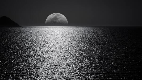 Black And White Moon Ocean During Night Time Wallpaper