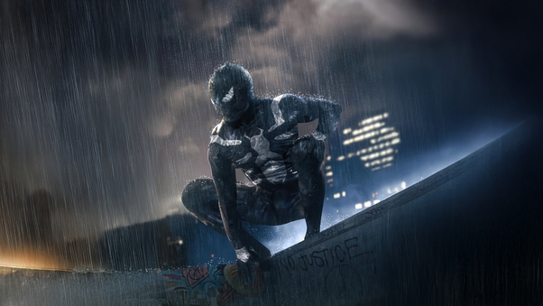 Black Suit Spider Man In Action Wallpaper