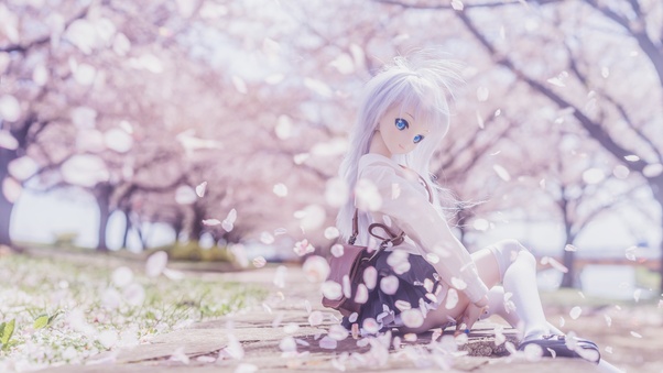Blonde Doll Sitting Sakura 4k Wallpaper