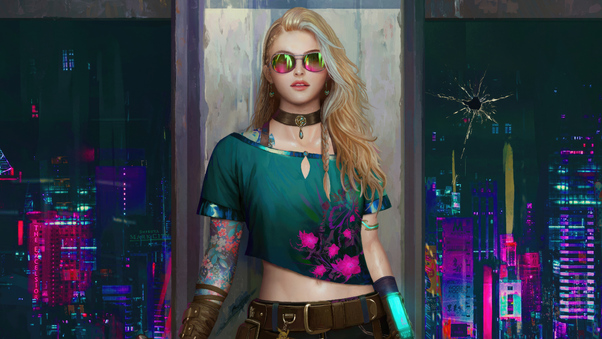 Blonde Girl In City Lights Cyberpunk Wallpaper