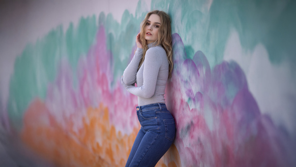 Blonde Girl Model Standing Aside Wall (1920x1080) Resolution Wallpaper