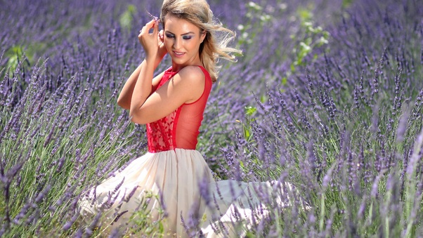 Blonde Girl Red Dress Lavender Field 4k Wallpaper