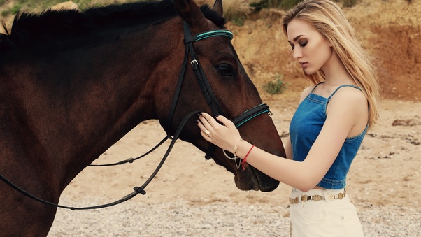 Blonde Girl With Horse 5k Wallpaper