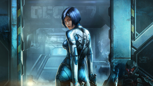 Blue Cyberpunk Cyborg Girl Wallpaper