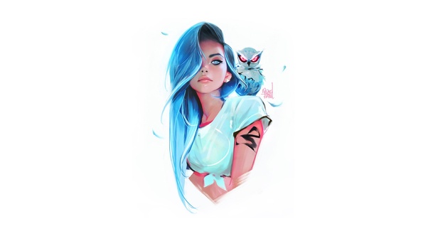 Blue Eyes Blue Hair Girl With Owl Wallpaper